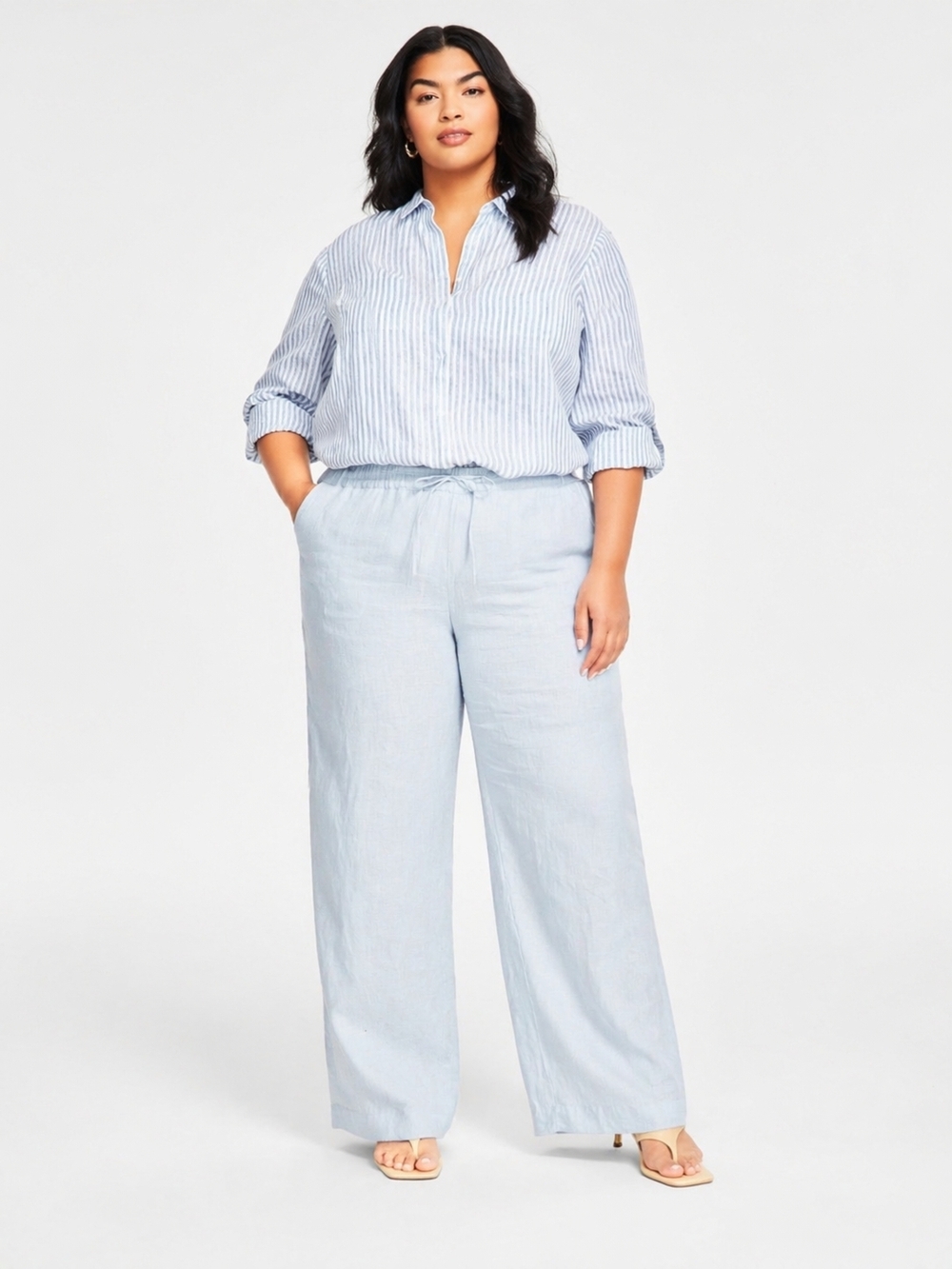 Calvin Klein Light Blue Wide-Leg Linen Pants Pull On Relaxed Fit Size 16-18